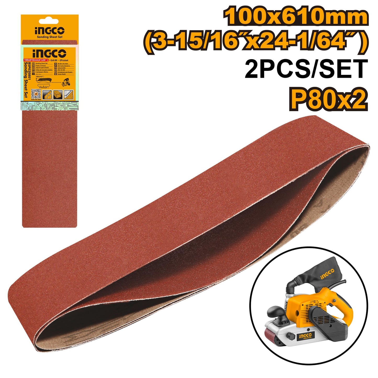 BSP020801 - JEU FEUILLES ABRASIVES POUR PONCAGE 2PCS 100*610MM INGCO Maroc