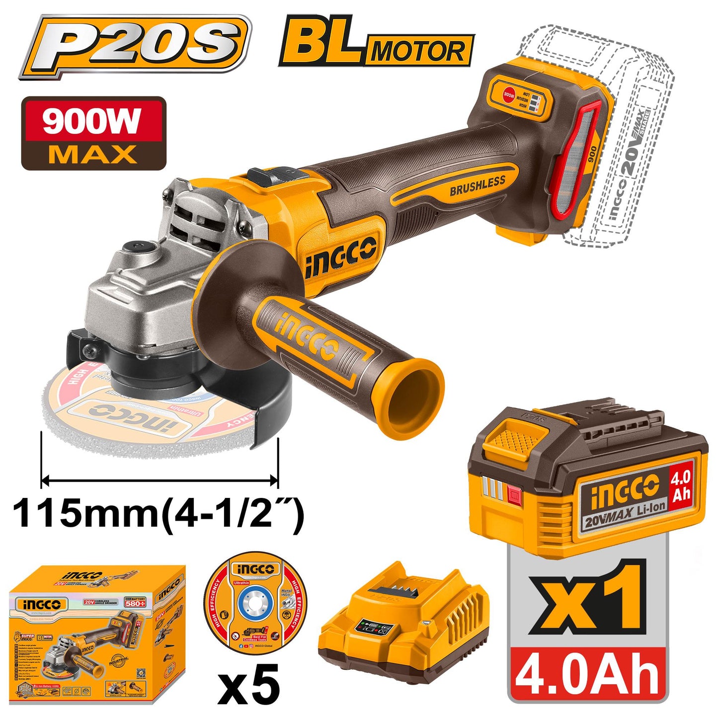 CAGLI261521 - MALETTE MEULEUSE 115MM 20V + 1BATT 4AH + 5DISQUES INGCO Maroc