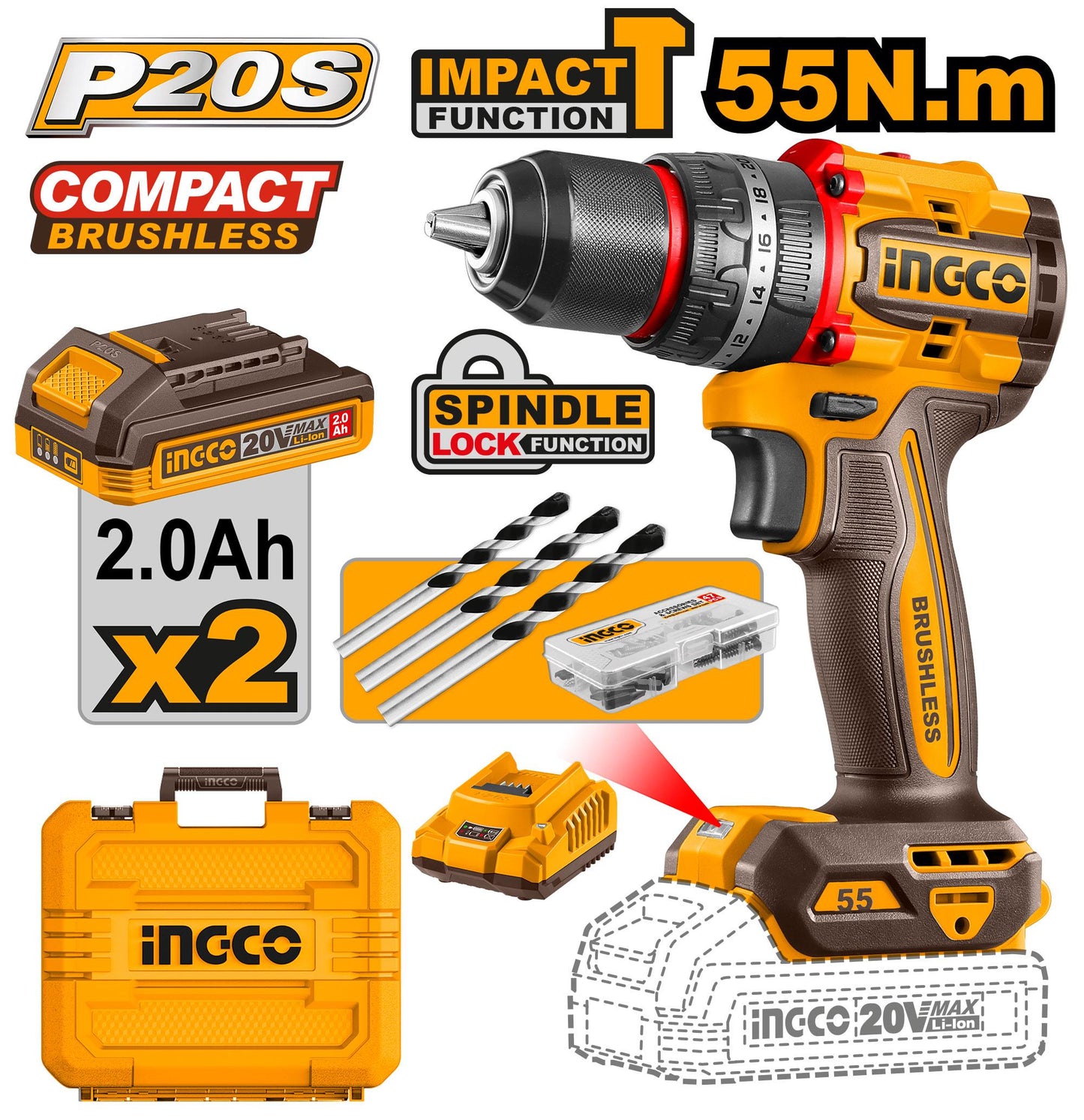 CIDLI20558 - PERCEUSE VISSEUSE BRUSHLESS 20V+47 ACC 55NM- INGCO Maroc