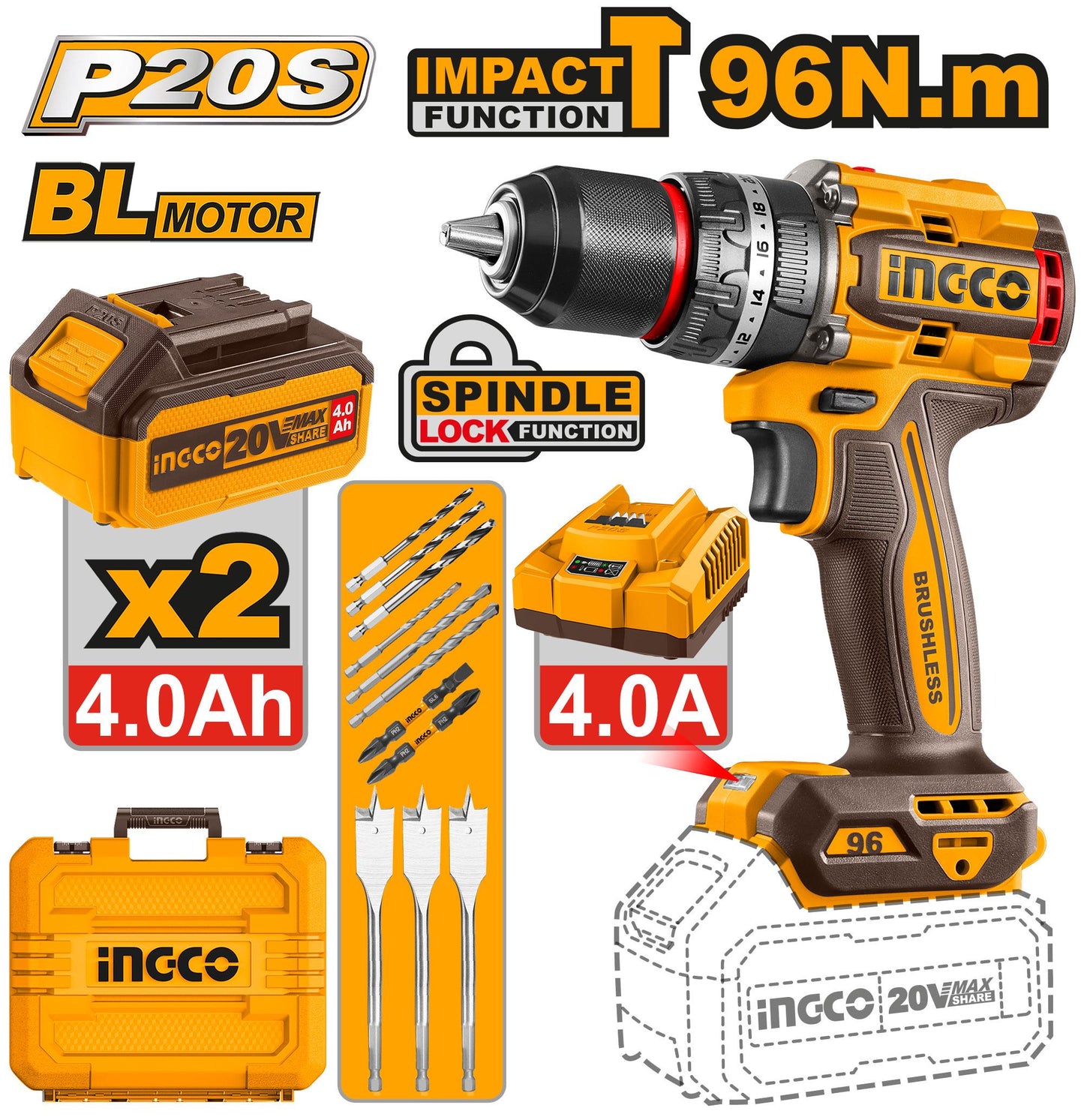CIDLI20968 - PERCEUSE-VISSEUSE BRUSHLESS 96NM BALAIS INGCO Maroc
