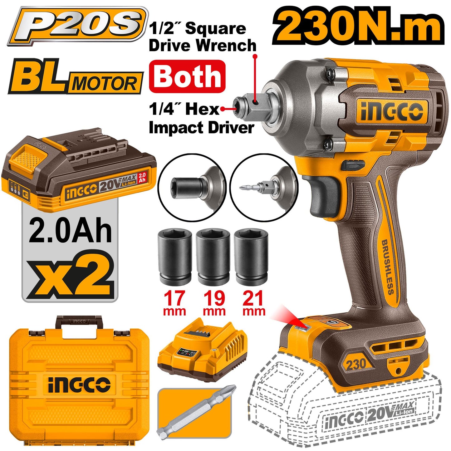 CIWLI20236 - BOULONNEUSE BRUSHLESS 1/2 20V 230N.M INGCO INGCO Maroc