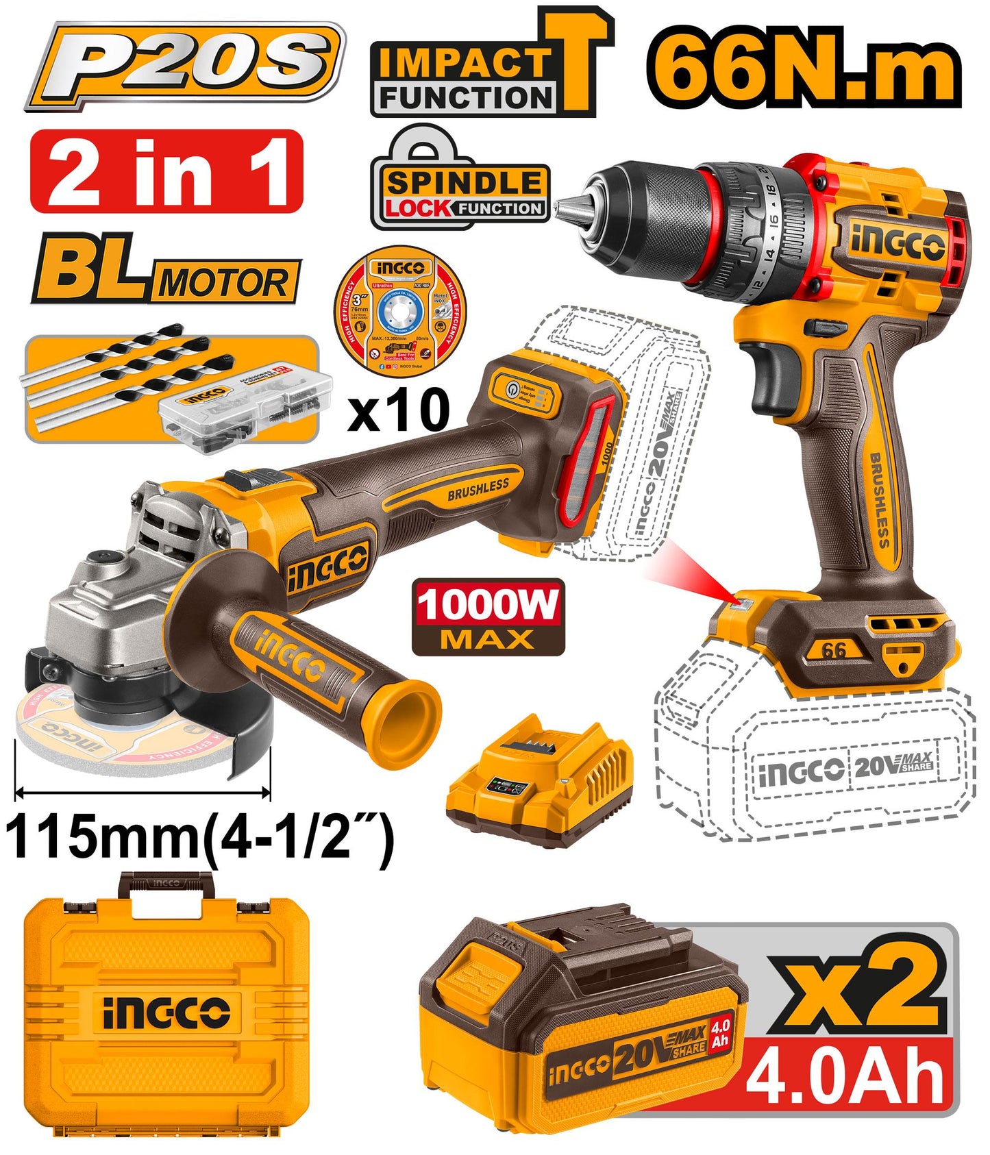 CKLI20273 - PACK 2 MACHINES MEULEUSE+VISSEUSE 66NM 20V 2X4AH INGCO Maroc