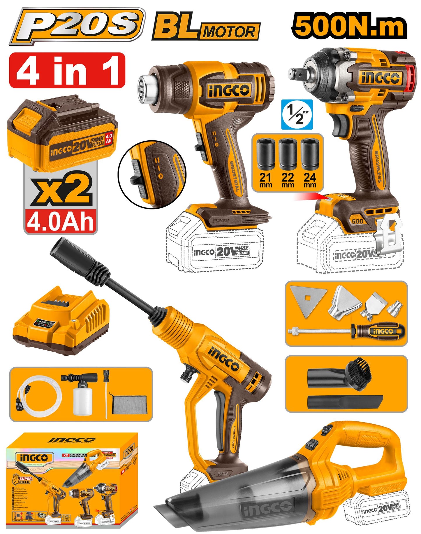 COSLI250208 - PACK 4 MACHINES DECAPEUR+BOULONNEUSE1/2+NETTOYEUR+ASPIRATEUR A BATTERIE INGCO INGCO Maroc