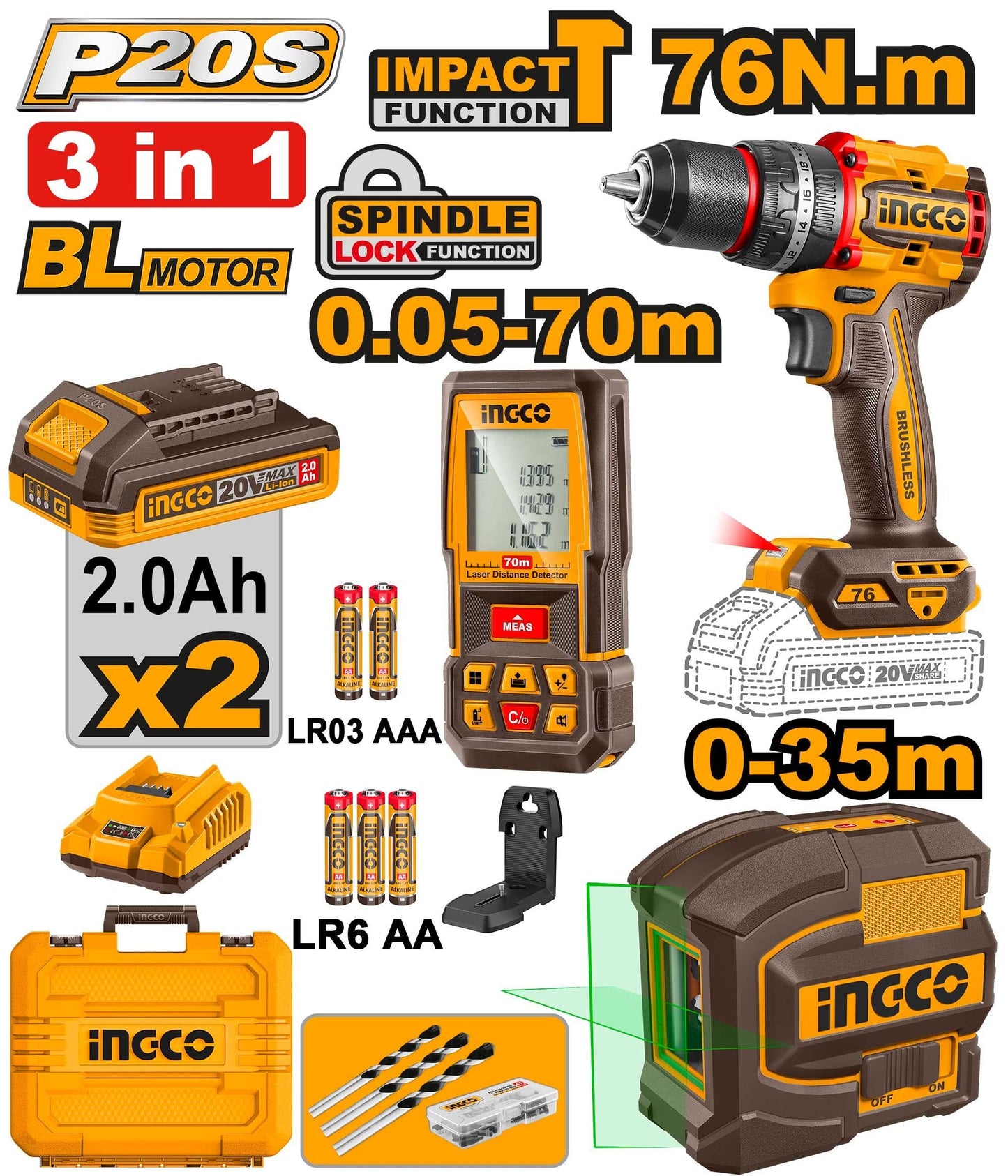 COSLI250511 - PACK VISSEUSE 76NM + TELEMETRE LASER 70M + NIVEAU LASER 2L INGCO Maroc