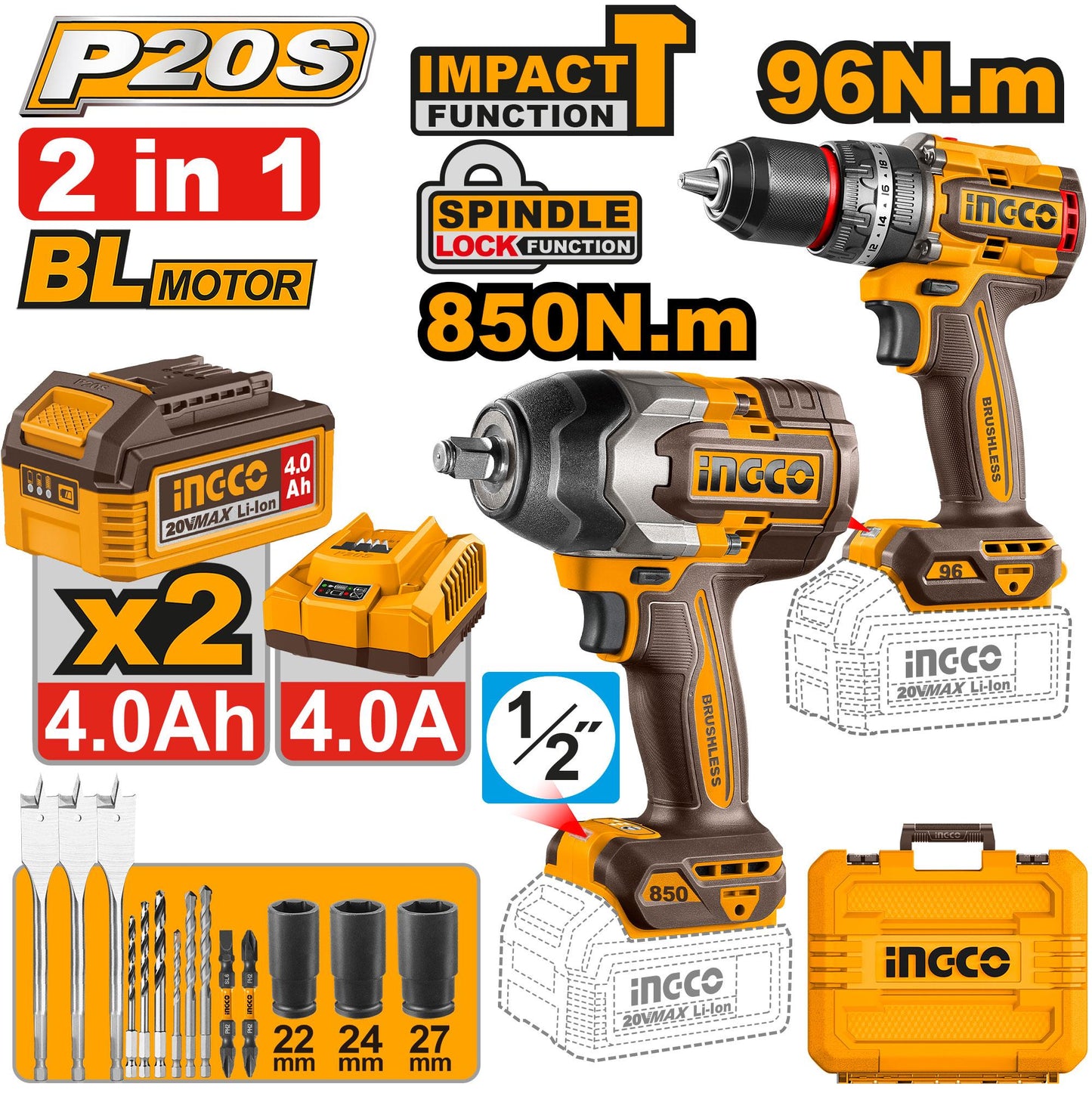 COSLI250586 - PACK VISSEUSE 96N.m +BOULONNEUSE 850N.m 20V 4.0Ah /2BAT INGCO Maroc