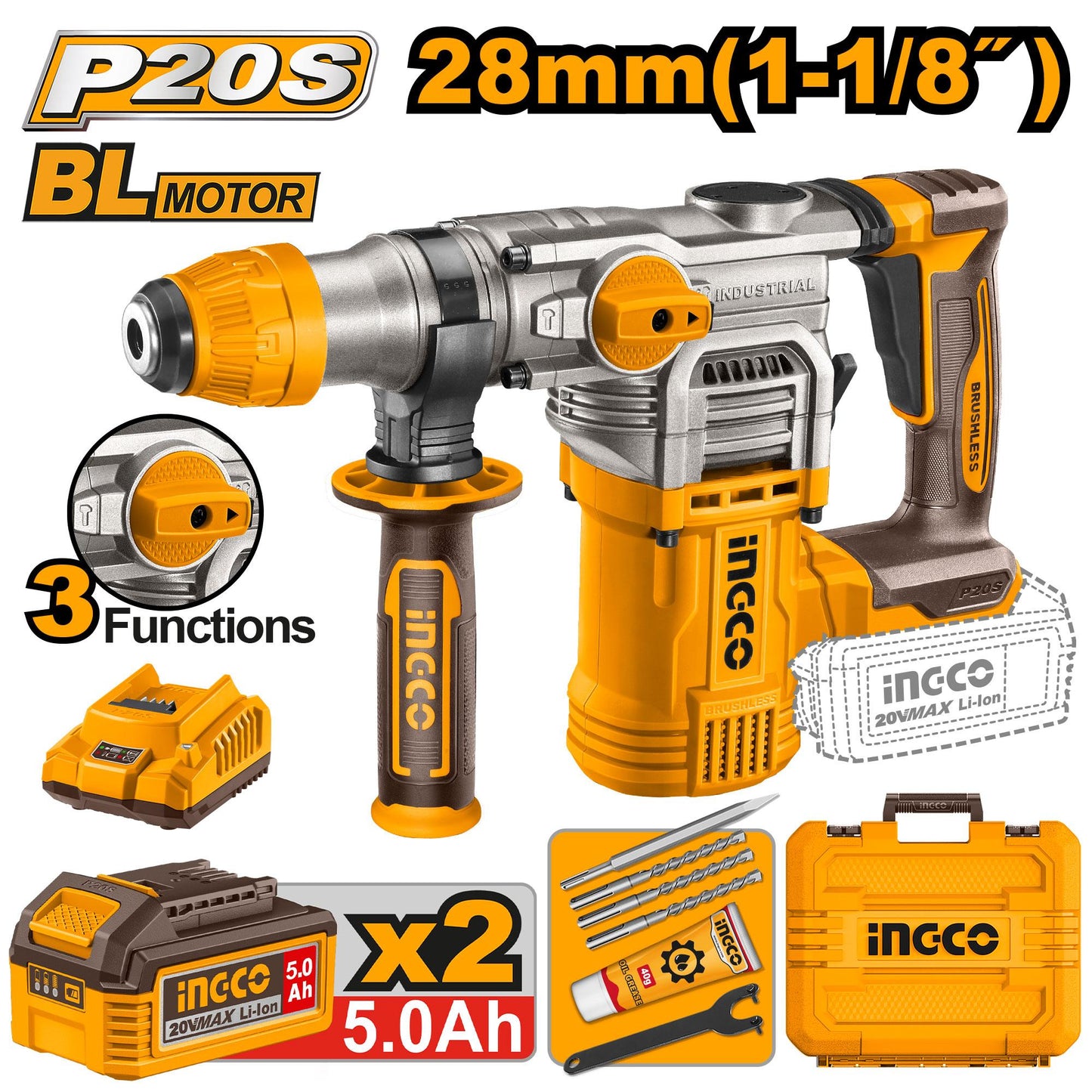 CRHLI202885 - MARTEAU PERFORATEUR BRUSHLESS 20V SDS PLUS 28MM 2 BAT 5Ah INGCO Maroc
