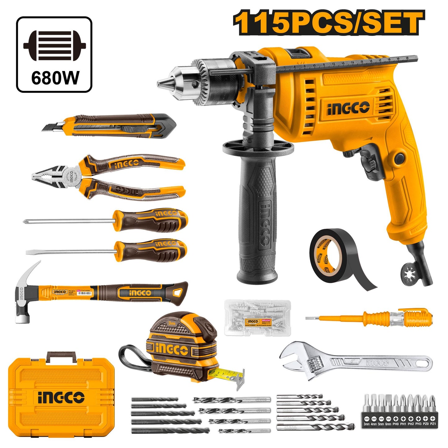 HKTHP11151 - COFFRET PERCEUSE 13MM 680W 115PCS INGCO Maroc
