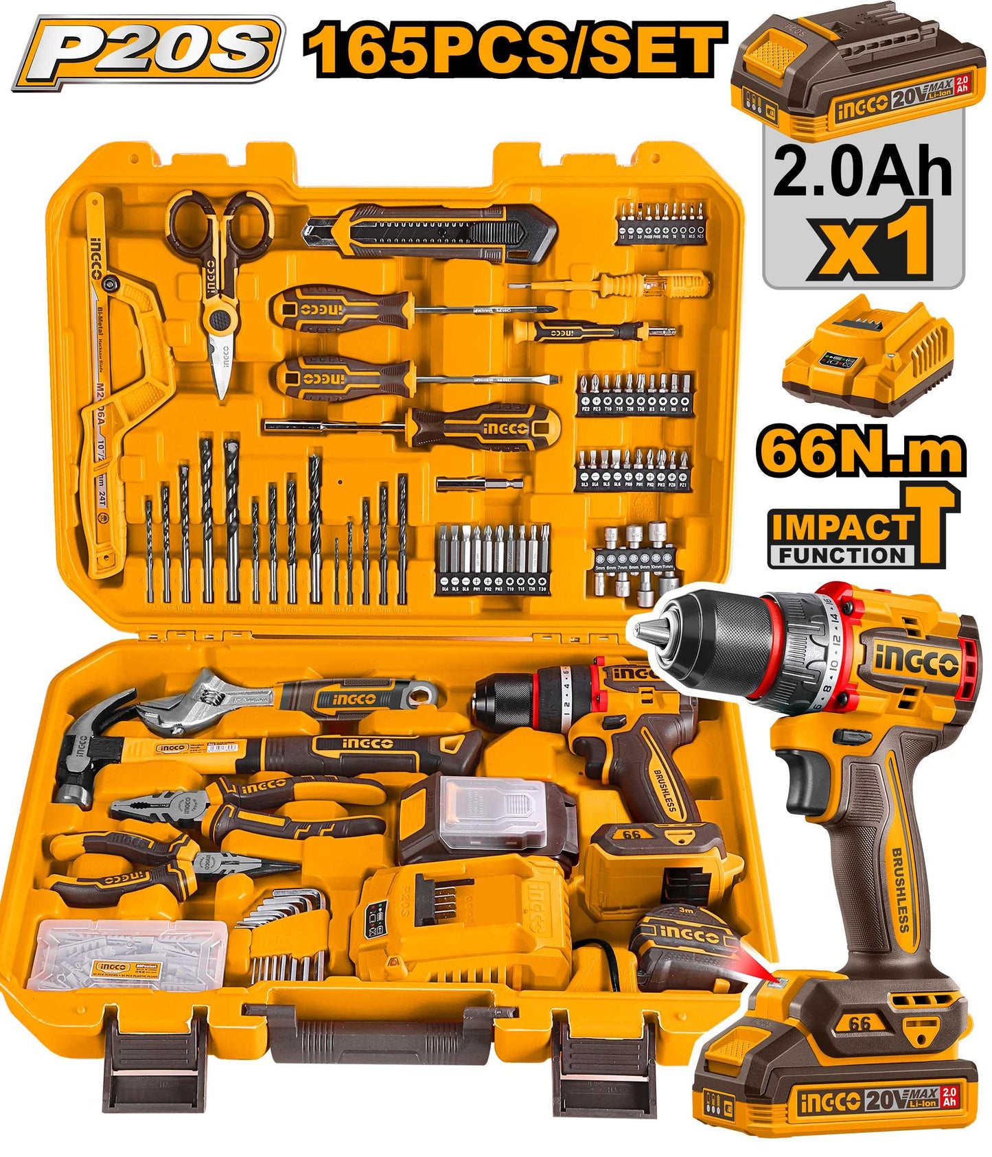 HKTHP11651 - COFFRET PERCEUSE 20V+164 PIECES INGCO Maroc