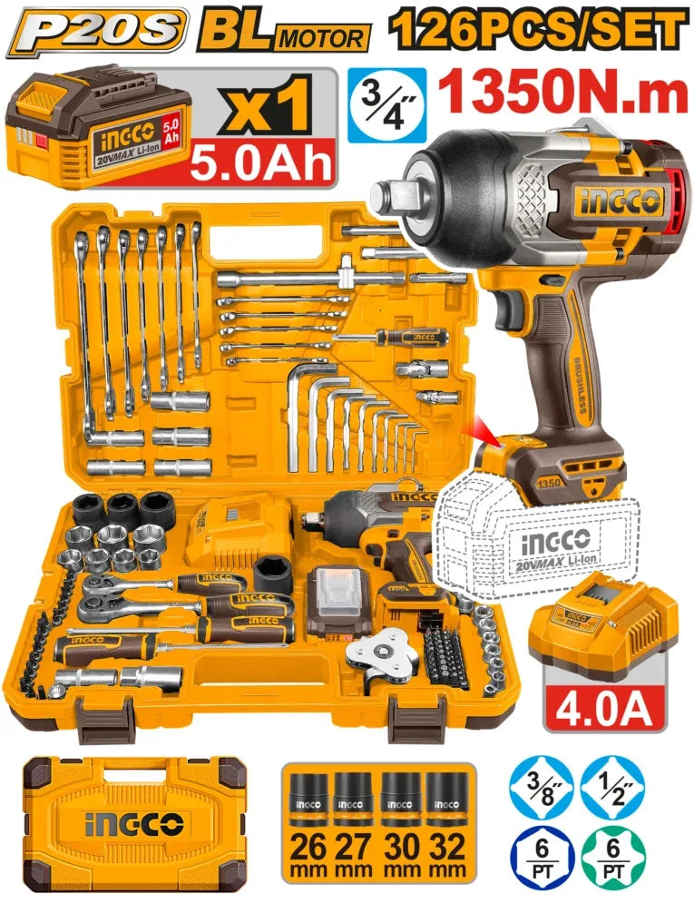 HKTHP31261 - JEU D'OUTILS POUR CLÉ À CHOCS DE BATTERIE DE 126 PIÈCES INGCO Maroc