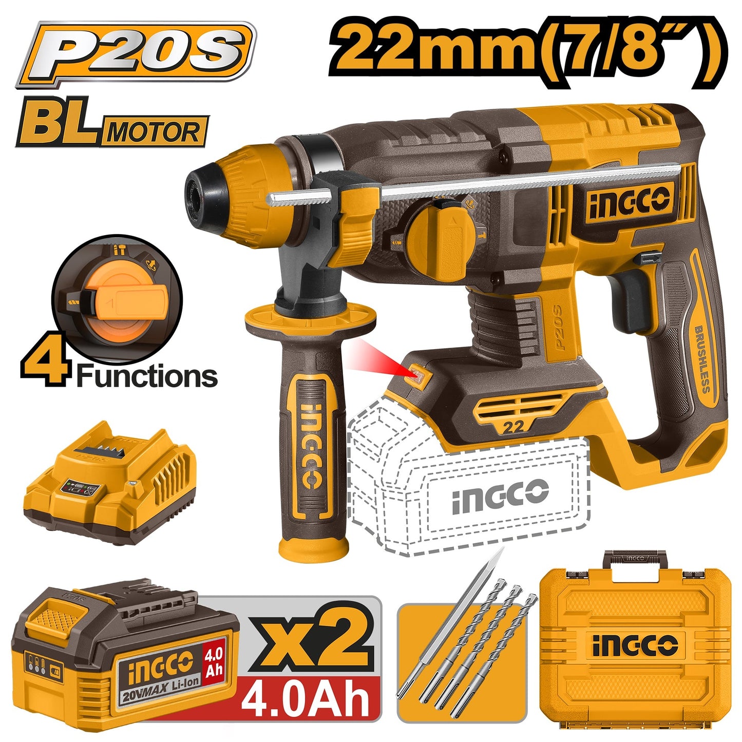 INGCO MARTEAU PERFORATEUR 20V 22MM NR [CRHLI212282]