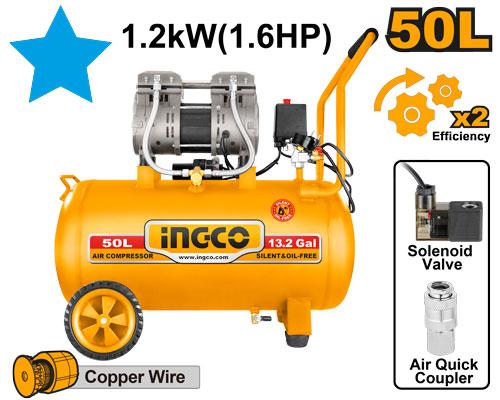 ACS112501 - COMPRESSEUR SILENCIEUX 50L 1200W（1.6HP） INGCO Maroc