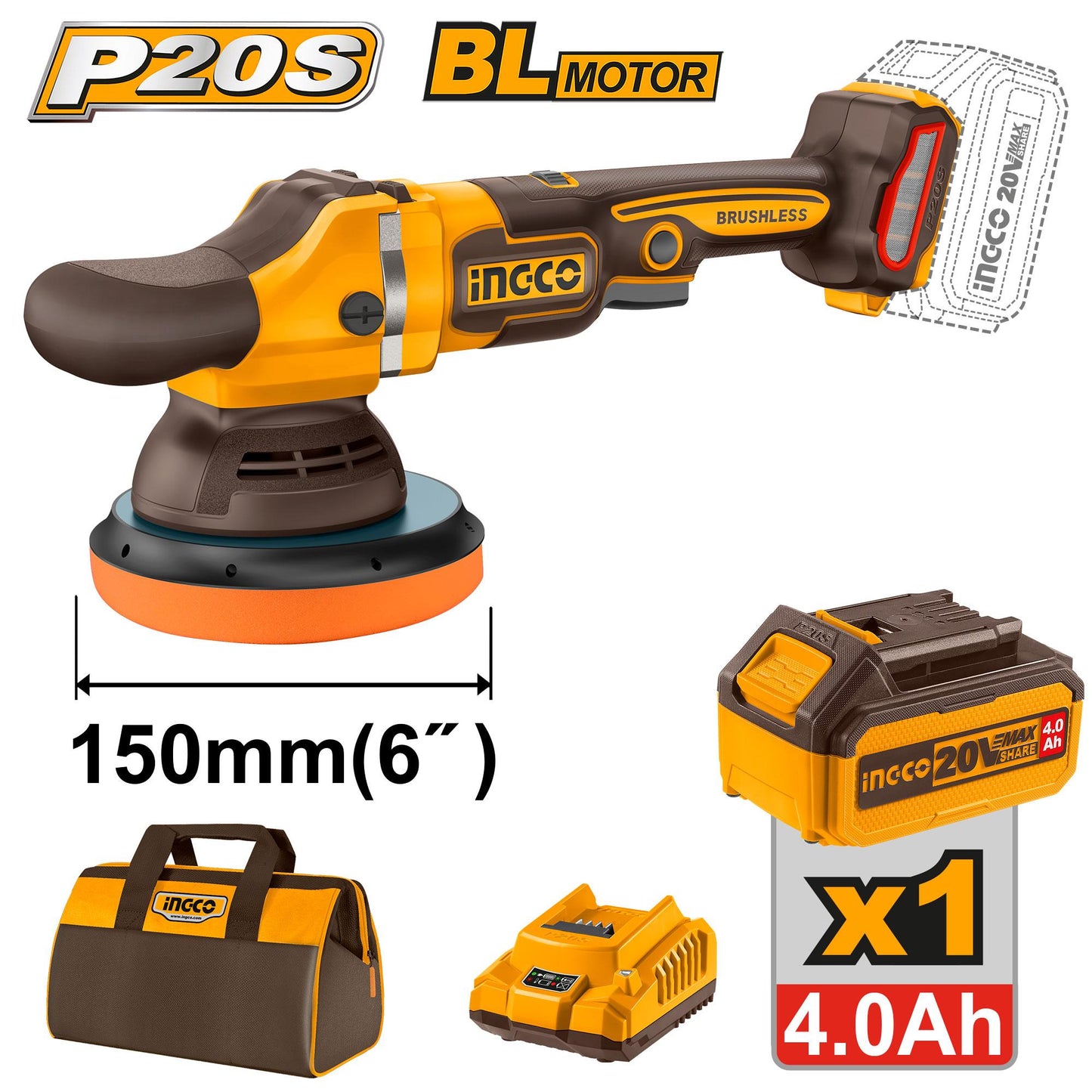 APLI20151 - POLISSEUSE SANS FIL20V150MM1BATTERIE4.0AH+CHARGEUR INGCO Maroc
