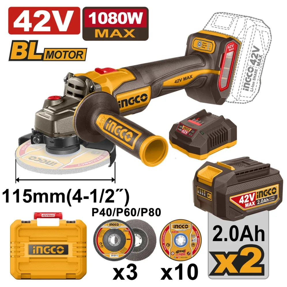 INGCO MEULEUSE D'ANGLE SANS FIL 42V+2BAT [CAGLI4108112]
