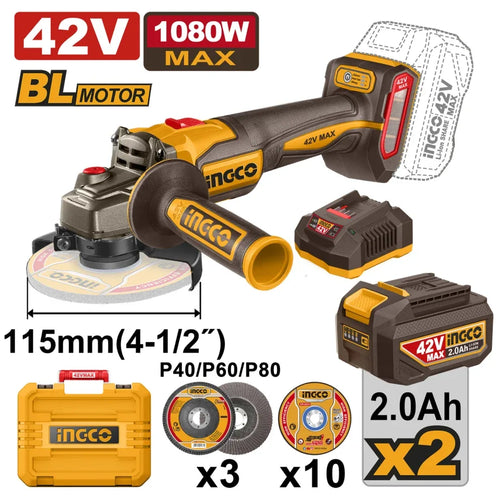 INGCO MEULEUSE D'ANGLE SANS FIL 42V+2BAT [CAGLI4108112]