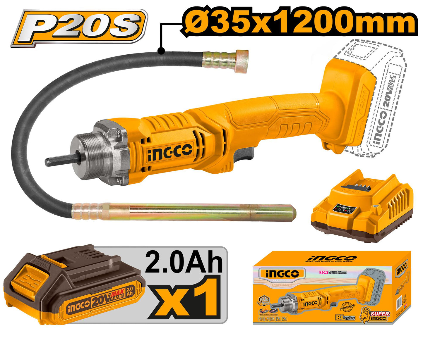 INGCO VIBREUR A BETON 20V + 1BATTERIE + 1AIGUILLE [CCVLI2023011]