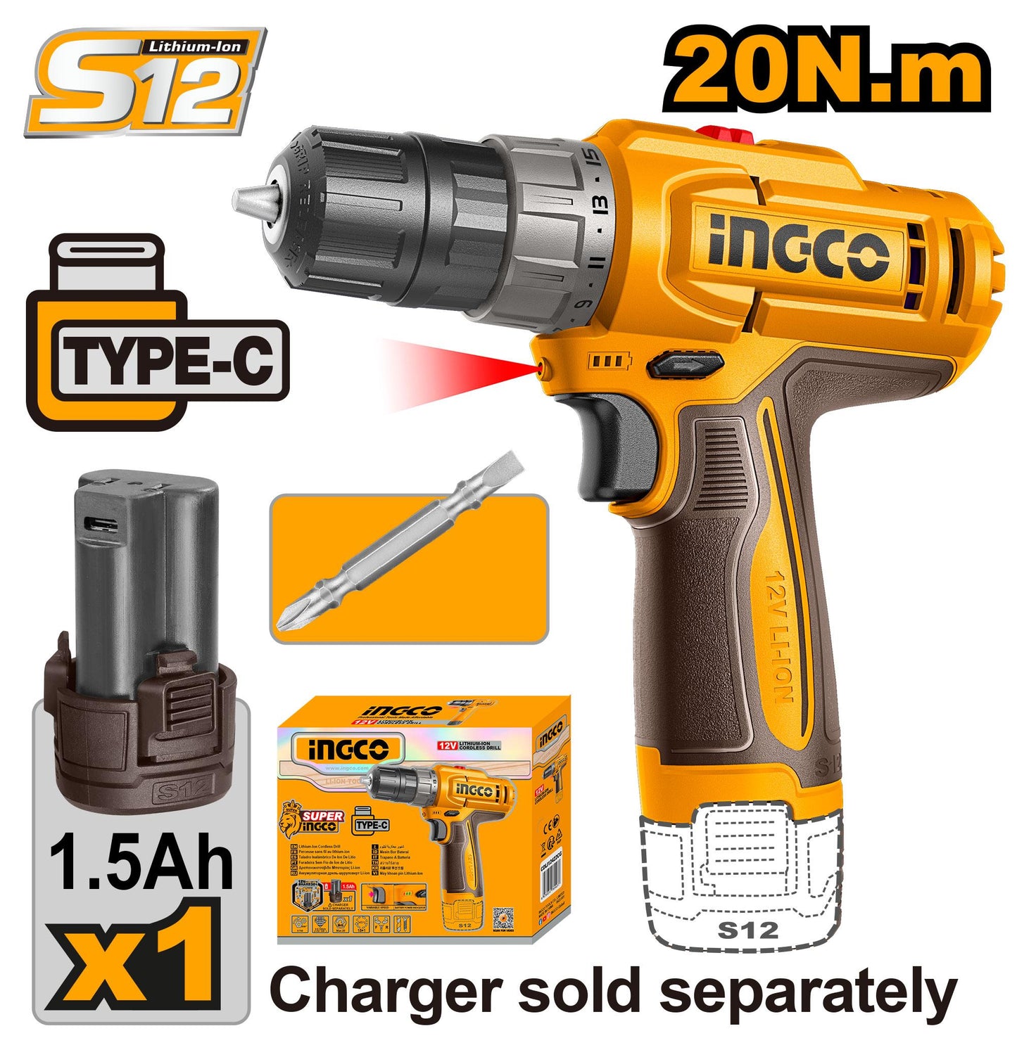 CDLI122061 - VISSEUSE 12V 20NM +1 BATTERIE 1.5AH  CHARGEUR TYPE-C INGCO INGCO Maroc