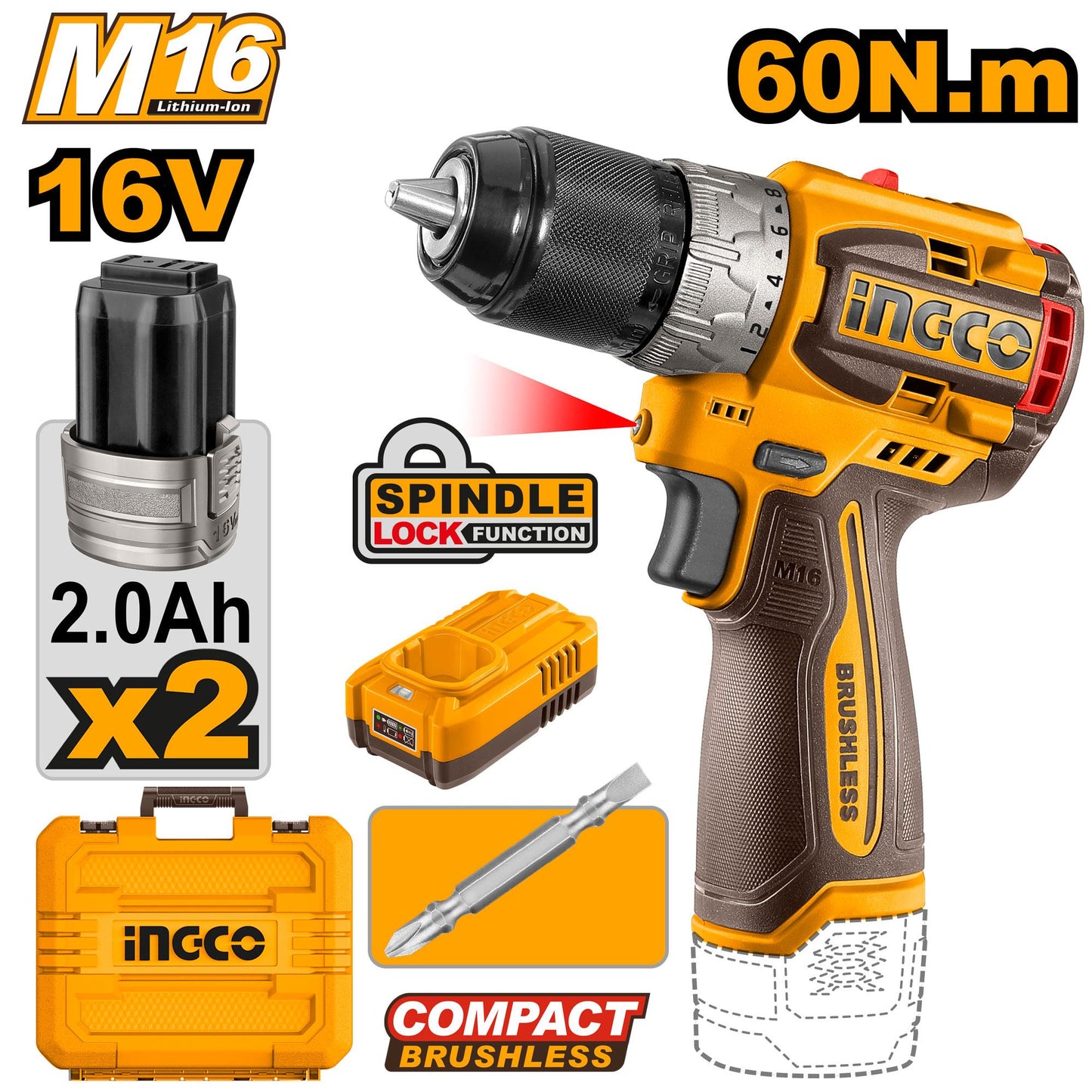 CDLI16682 - VISSEUSE A BATTERIE 16V AVEC 2 BATTERIES 2Ah INGCO Maroc
