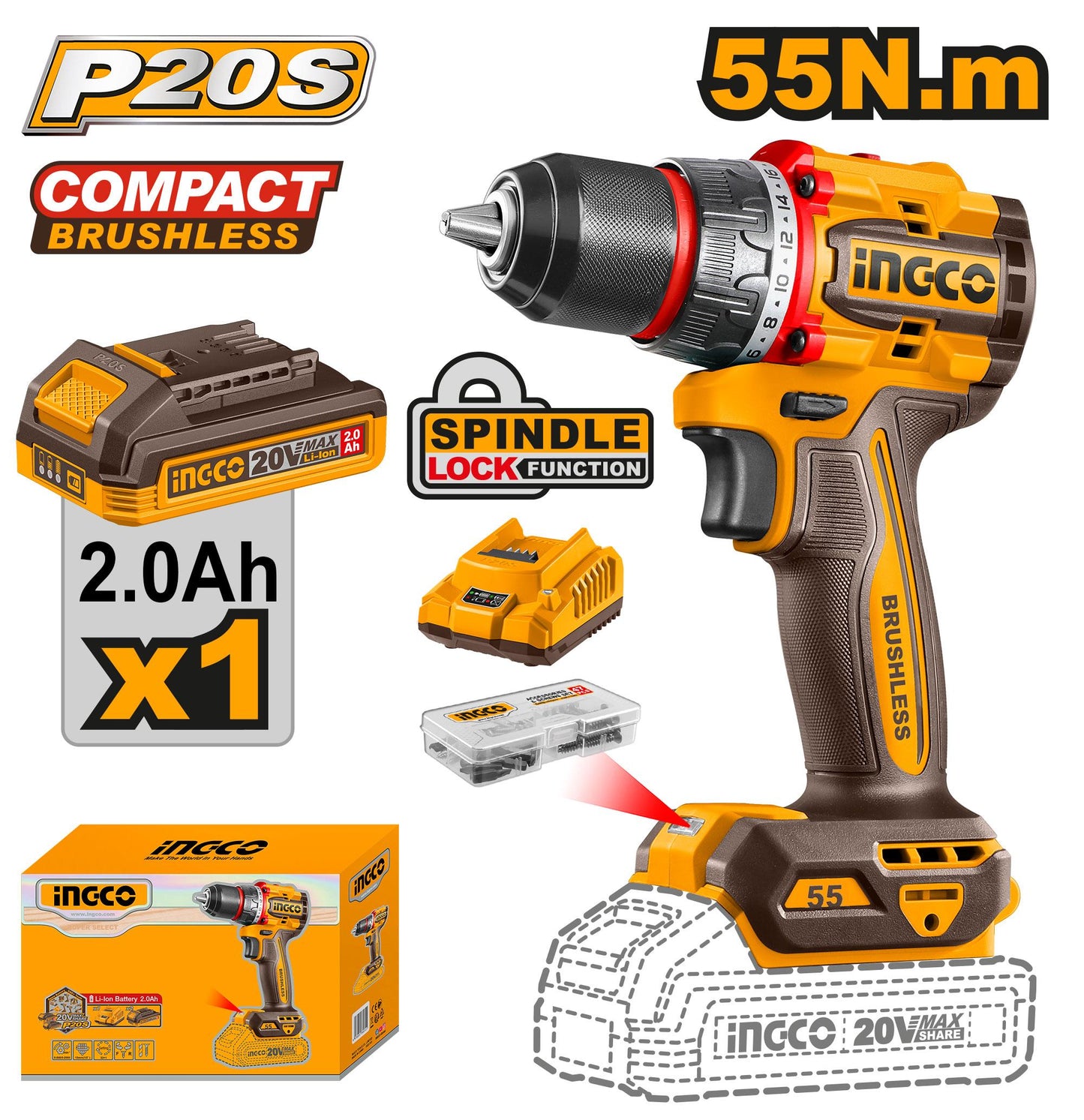 CDLI205582 - VISSEUSE BRUSHLESS 20V 1bat 55NM INGCO Maroc