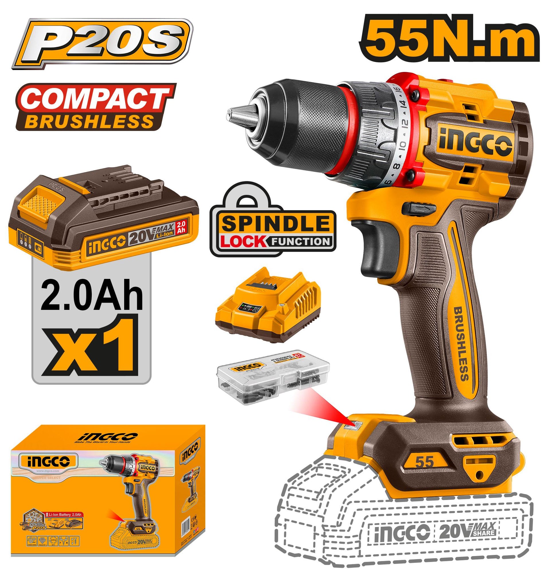 CDLI205582 - VISSEUSE BRUSHLESS 20V 1bat 55NM INGCO Maroc