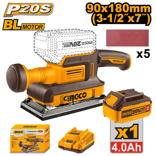 CFSLI20311 - PONCEUSE VIBRANTE BRUSHLESS 20V 90X180MM 1BATTERIE+CHARGEUR INGCO Maroc