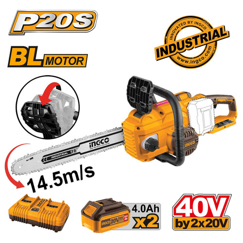 CGSLI401682 - TRONÇONNEUSE À CHAÎNE 20V 2BAT 4AH 16" 400MM INGCO Maroc