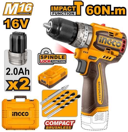 CIDLI16682 - Perceuse à percussion sans fil 16V/M16 Lithium-Ion Compact Brushless CIDLI16682 ING-CT INGCO Maroc