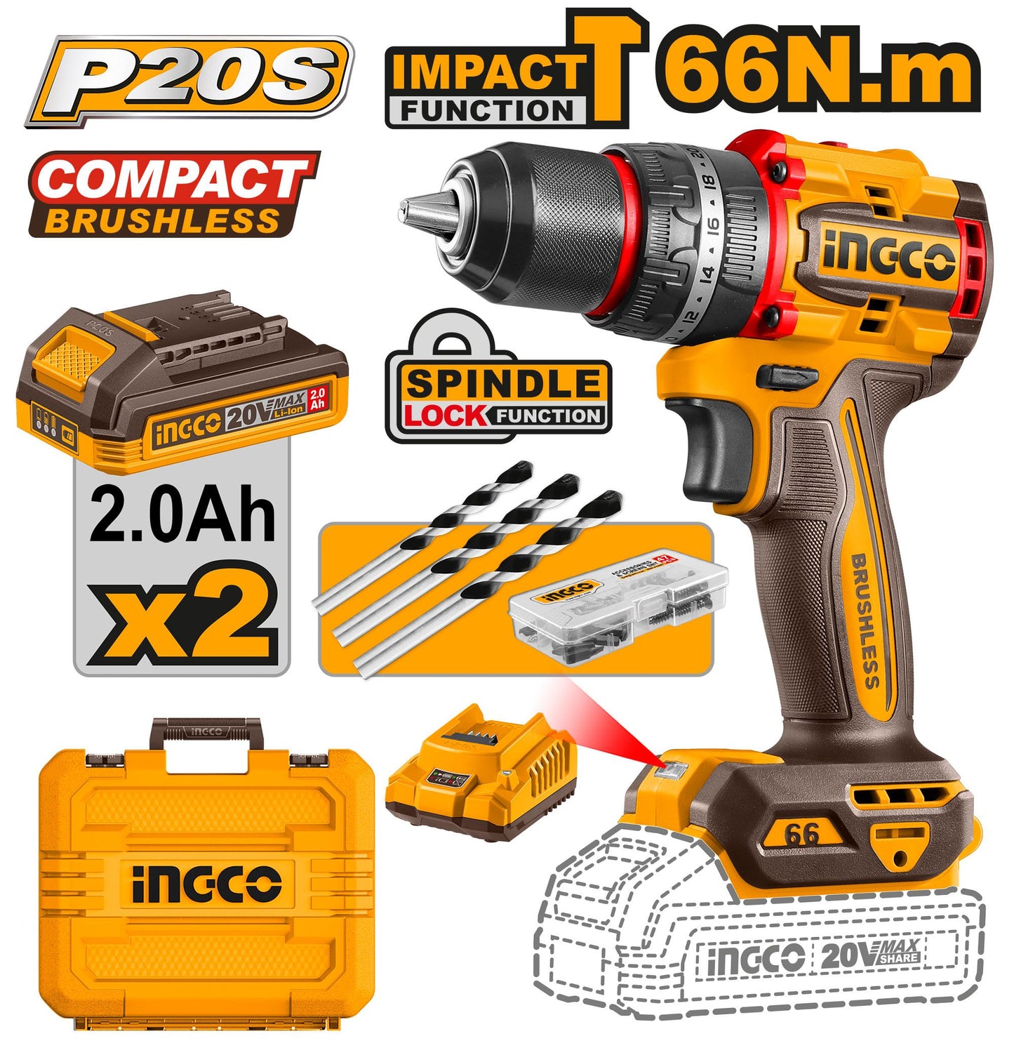 CIDLI20668 - PERCEUSE VISSEUSE 20V 66NM 2 BATT BRUSHLESS INGCO Maroc