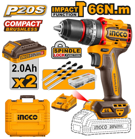 CIDLI20668 - PERCEUSE VISSEUSE 20V 66NM 2 BATT BRUSHLESS INGCO Maroc