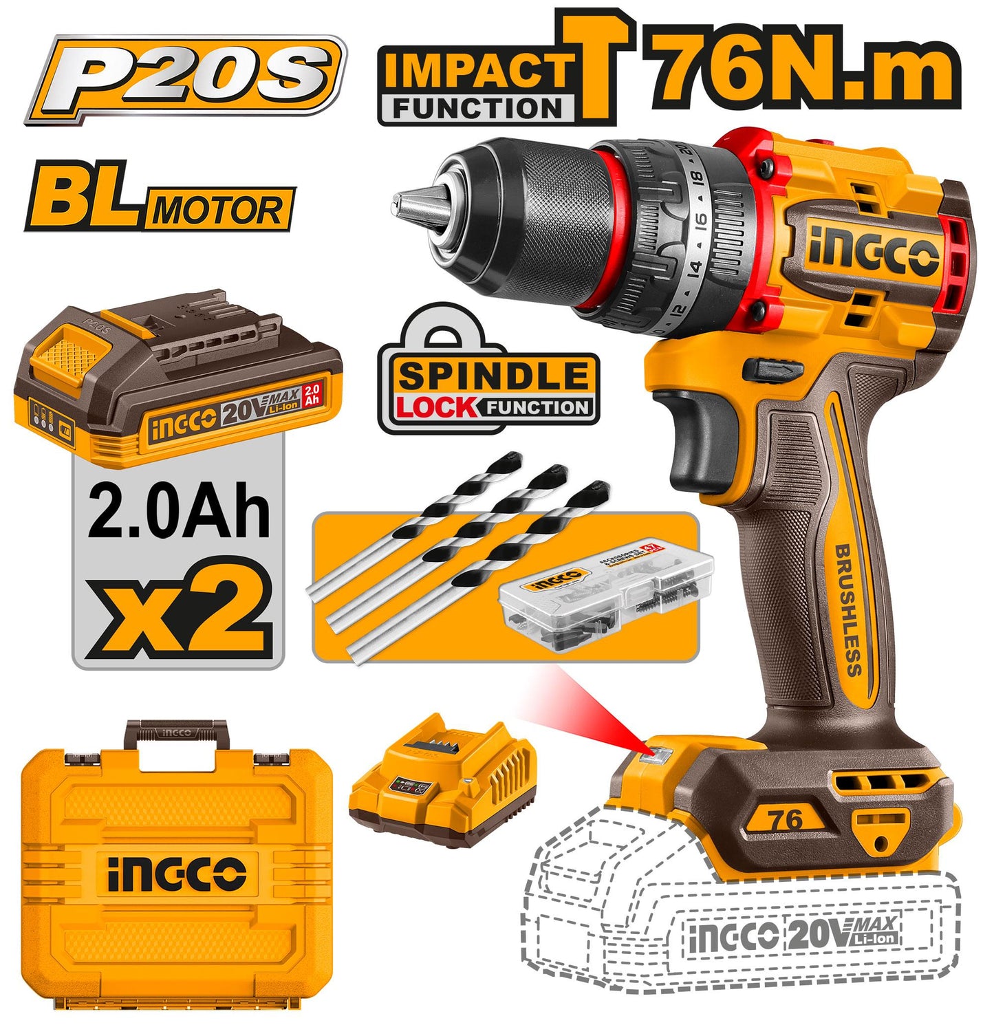 CIDLI20768 - PERCEUSE VISSEUSE 20V 76NM 2 BATT BRUSHLESS INGCO Maroc