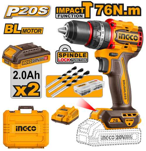 CIDLI20768 - PERCEUSE VISSEUSE 20V 76NM 2 BATT BRUSHLESS INGCO Maroc