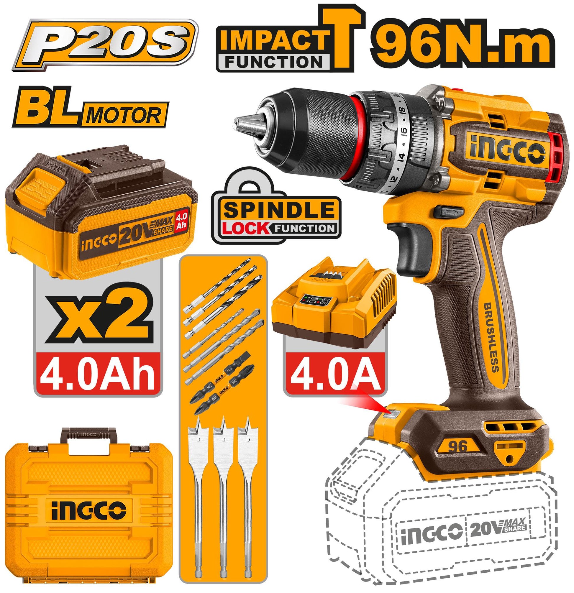 CIDLI20968 - PERCEUSE-VISSEUSE BRUSHLESS 96NM BALAIS INGCO Maroc
