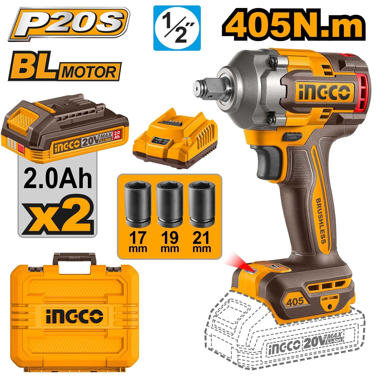 INGCO BOULONNEUSE 20V 405N.M + 2BATT AU MAROC [CIWLI2045]