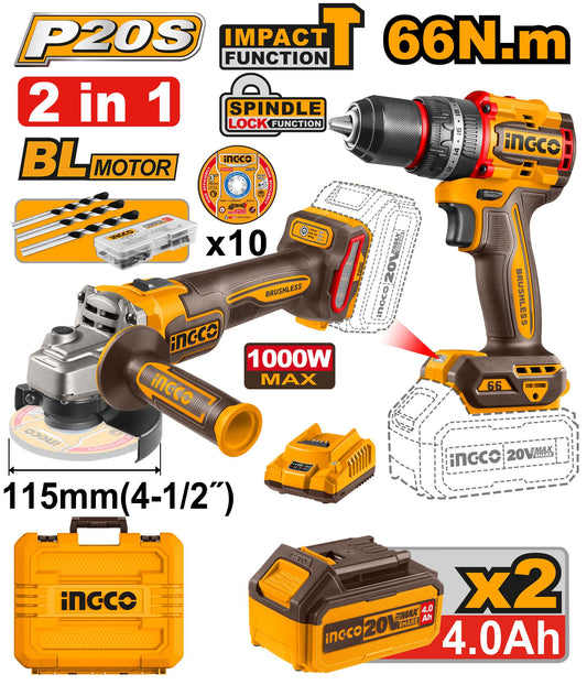 CKLI20273 - PACK 2 MACHINES MEULEUSE+VISSEUSE 66NM 20V 2X4AH INGCO Maroc
