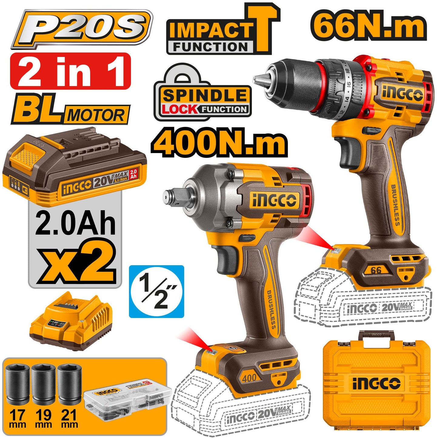 CKLI20275 - PACK 2 MACHINES VISSEUSE BRUSHLESS 66NM + BOULONNEUSE 20V INGCO Maroc