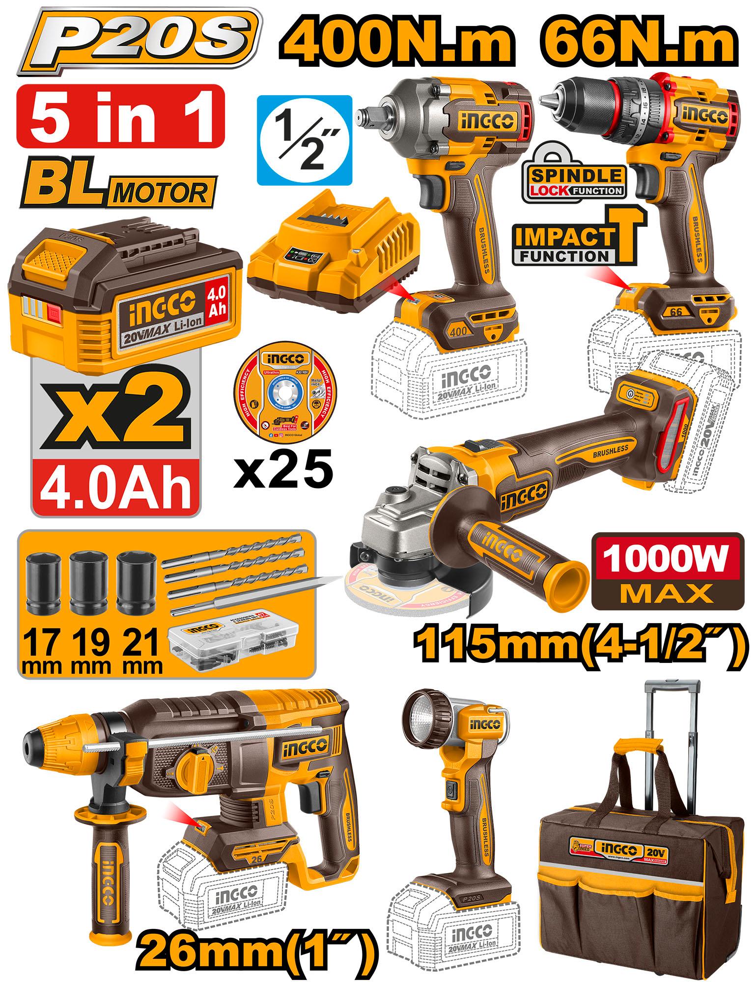 CKLI2059 - PACK VALISE DE 5 MACHINES 20V INGCO Maroc