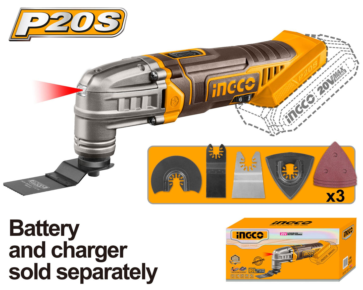 INGCO OUTIL MULTIFONCTIONS 20V (SANS BATTERIE/SANS CHARG [CMLI2022]