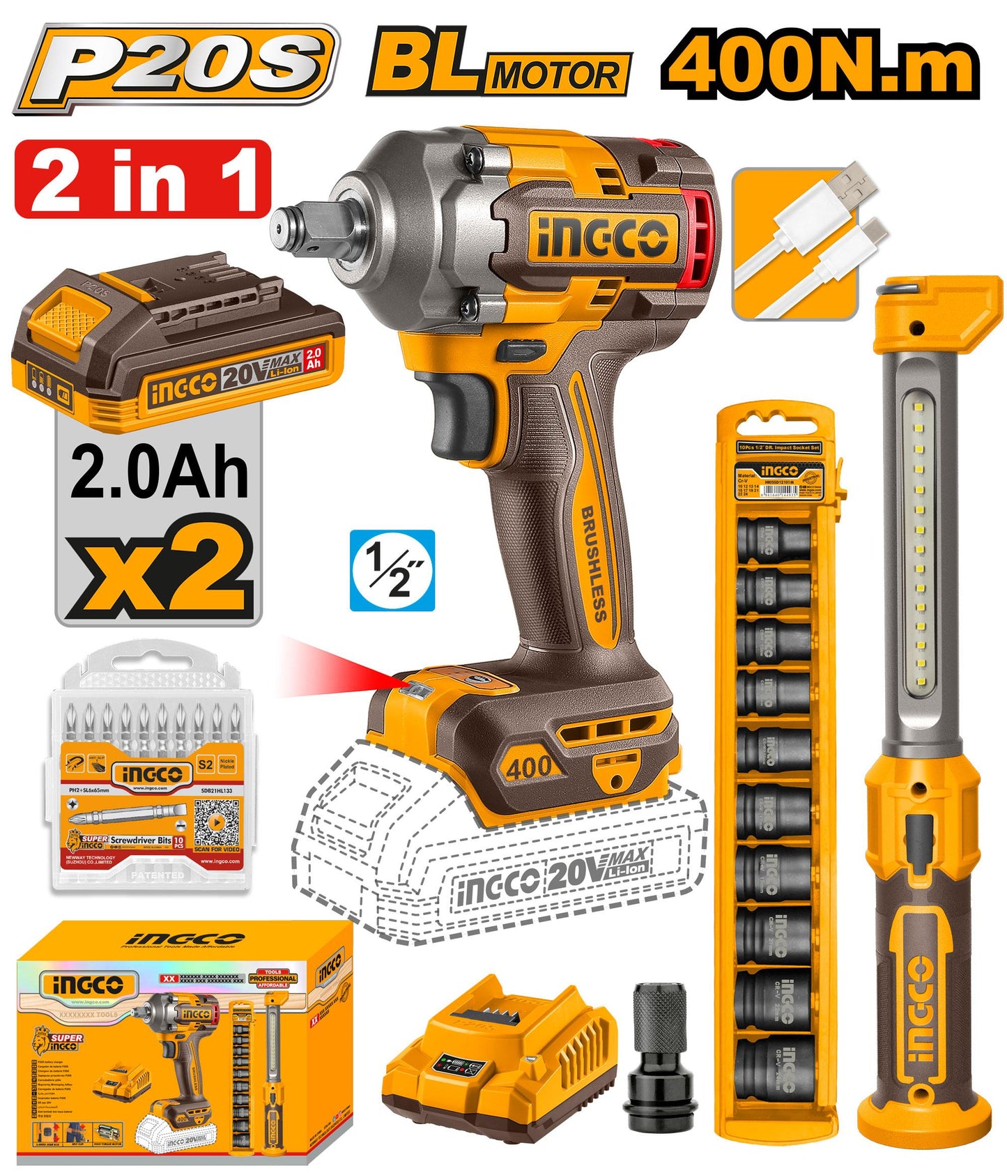 COSLI23048 - PACK BOULONNEUSE 400NM BRUSHLESS 20V+10 DOUILLES+BALADEUSE INGCO Maroc