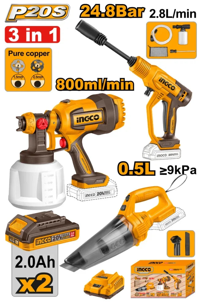 INGCO PACK 20V PIST A PEINTURE+ASPIRATEUR+NETTOYEUR AU MAROC [COSLI230522]