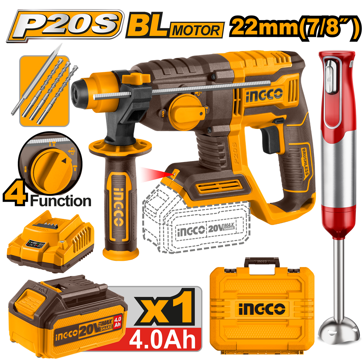 INGCO PACK MARTEAU PERFORATEUR 22MM 20V/MIXEUR PLONGEANT [COSLI240208]