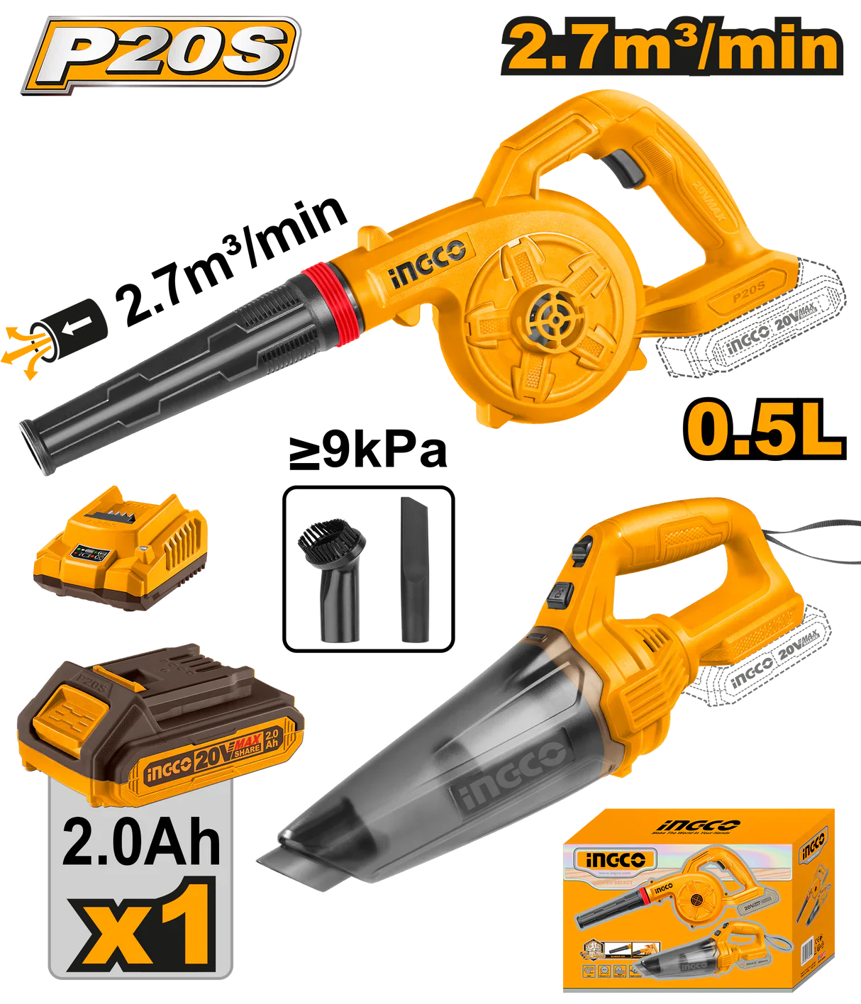 INGCO KIT CONBINE ASPIRATEUR+SOUFFLEUR SANS FIL 20V [COSLI240998]