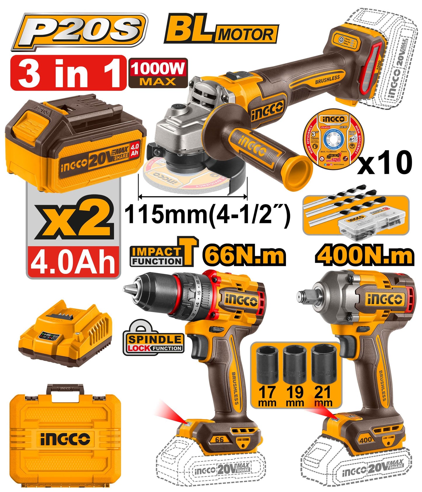 COSLI241291 - PACK PERCEUSE+MEULEUSE+BOULONNEUSE BRUSHLESS 20V INGCO Maroc