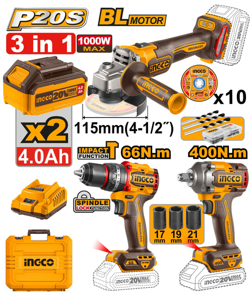COSLI241291 - PACK PERCEUSE+MEULEUSE+BOULONNEUSE BRUSHLESS 20V INGCO Maroc