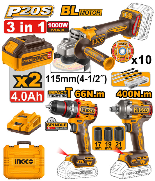 COSLI241291 - PACK PERCEUSE+MEULEUSE+BOULONNEUSE BRUSHLESS 20V INGCO Maroc
