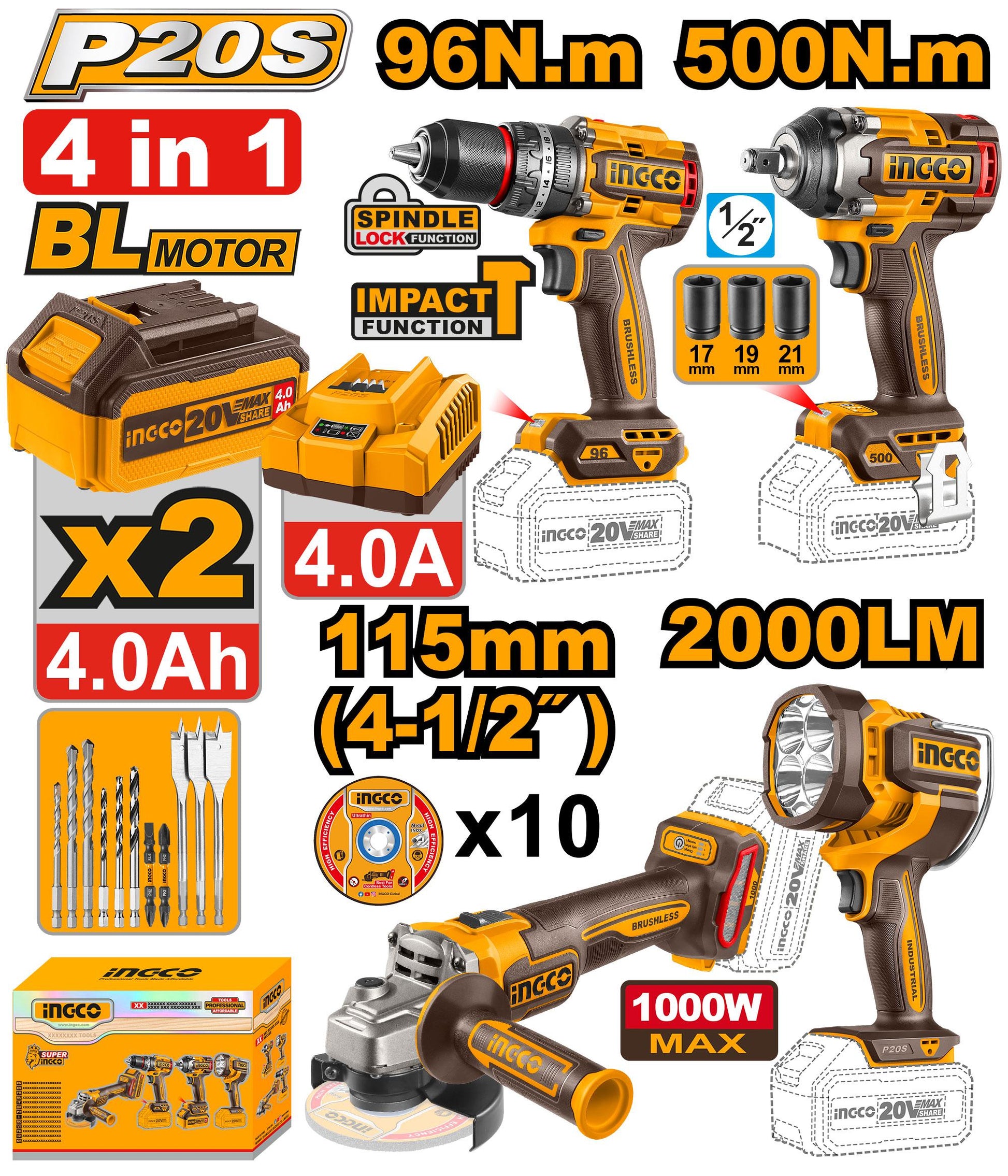 COSLI241292 - PACK DE 4 MACHINES PERC VISSEUSE 96NM+BOULONNEUSE 1/2+MEULEUSE 115MM+TAMPE TORCHE INGCO INGCO Maroc