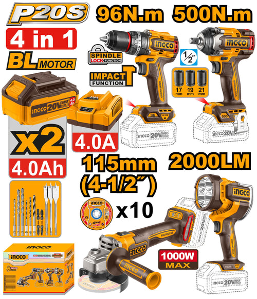 COSLI241292 - PACK DE 4 MACHINES PERC VISSEUSE 96NM+BOULONNEUSE 1/2+MEULEUSE 115MM+TAMPE TORCHE INGCO INGCO Maroc
