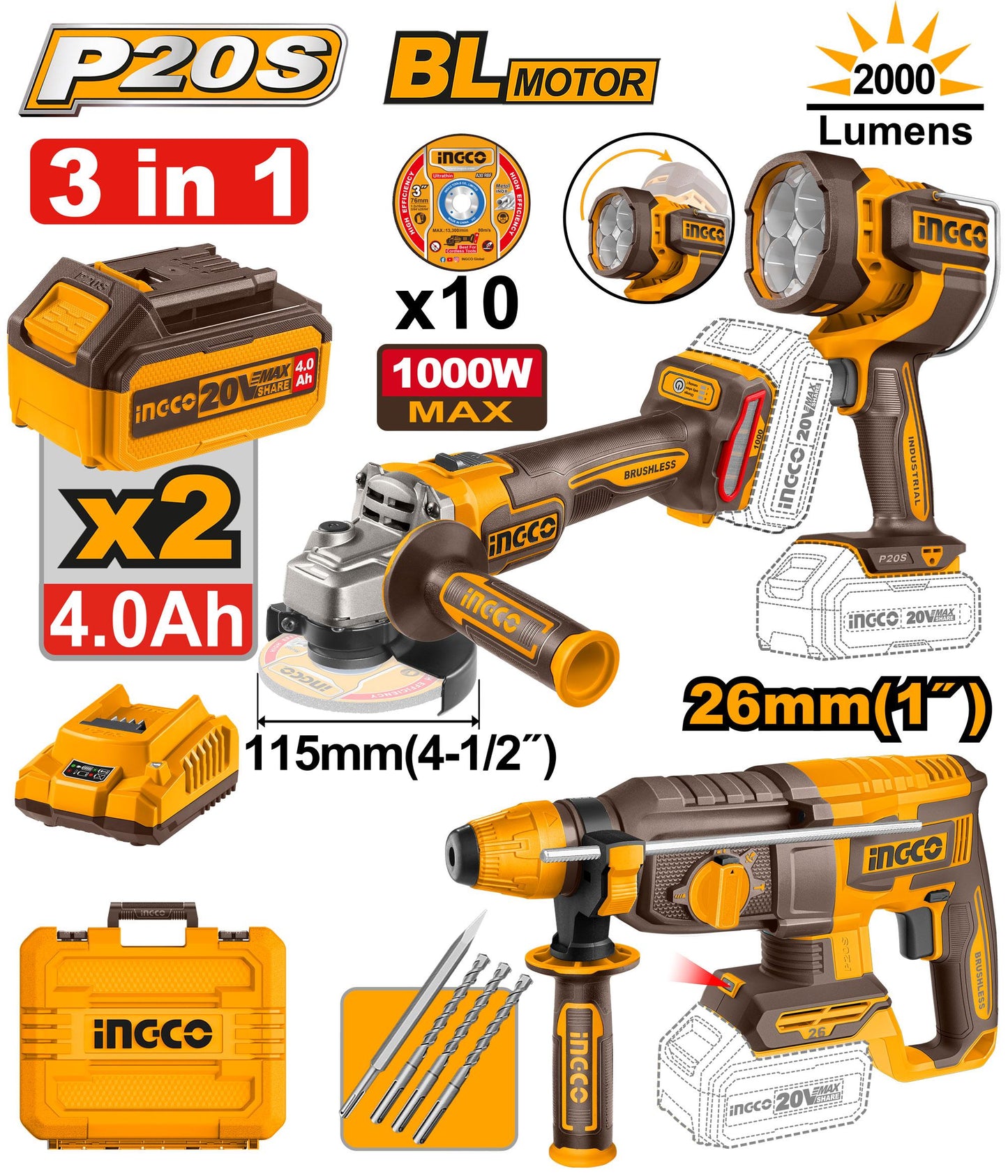 COSLI250183 - KIT COMBINÉ SANS FIL 3 PIÈCES INGCO Maroc