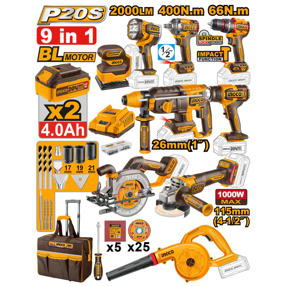 INGCO 9 PCS KIT COMBO INDUSTRIEL SANS FIL [COSLI250381]