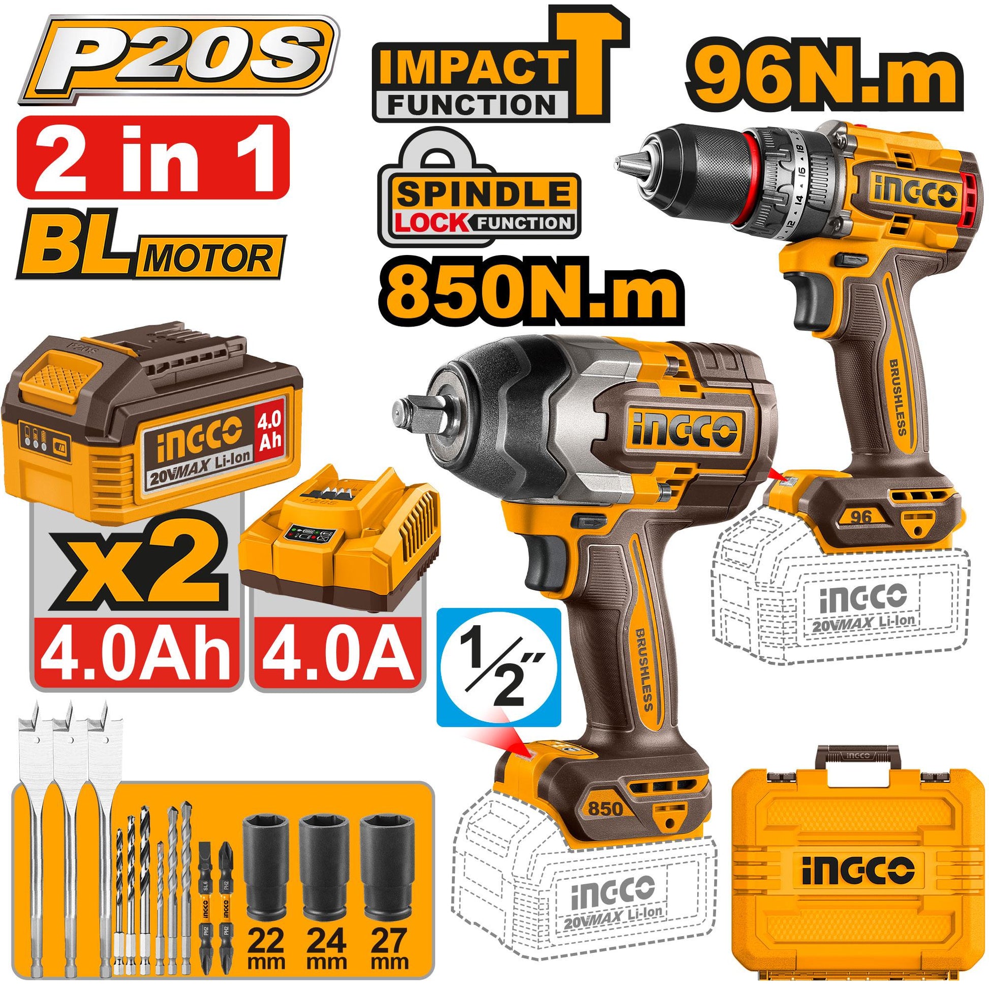 COSLI250586 - PACK VISSEUSE 96N.m +BOULONNEUSE 850N.m 20V 4.0Ah /2BAT INGCO Maroc
