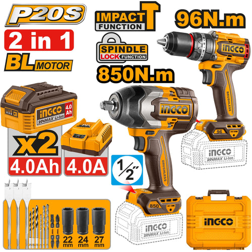 COSLI250586 - PACK VISSEUSE 96N.m +BOULONNEUSE 850N.m 20V 4.0Ah /2BAT INGCO Maroc