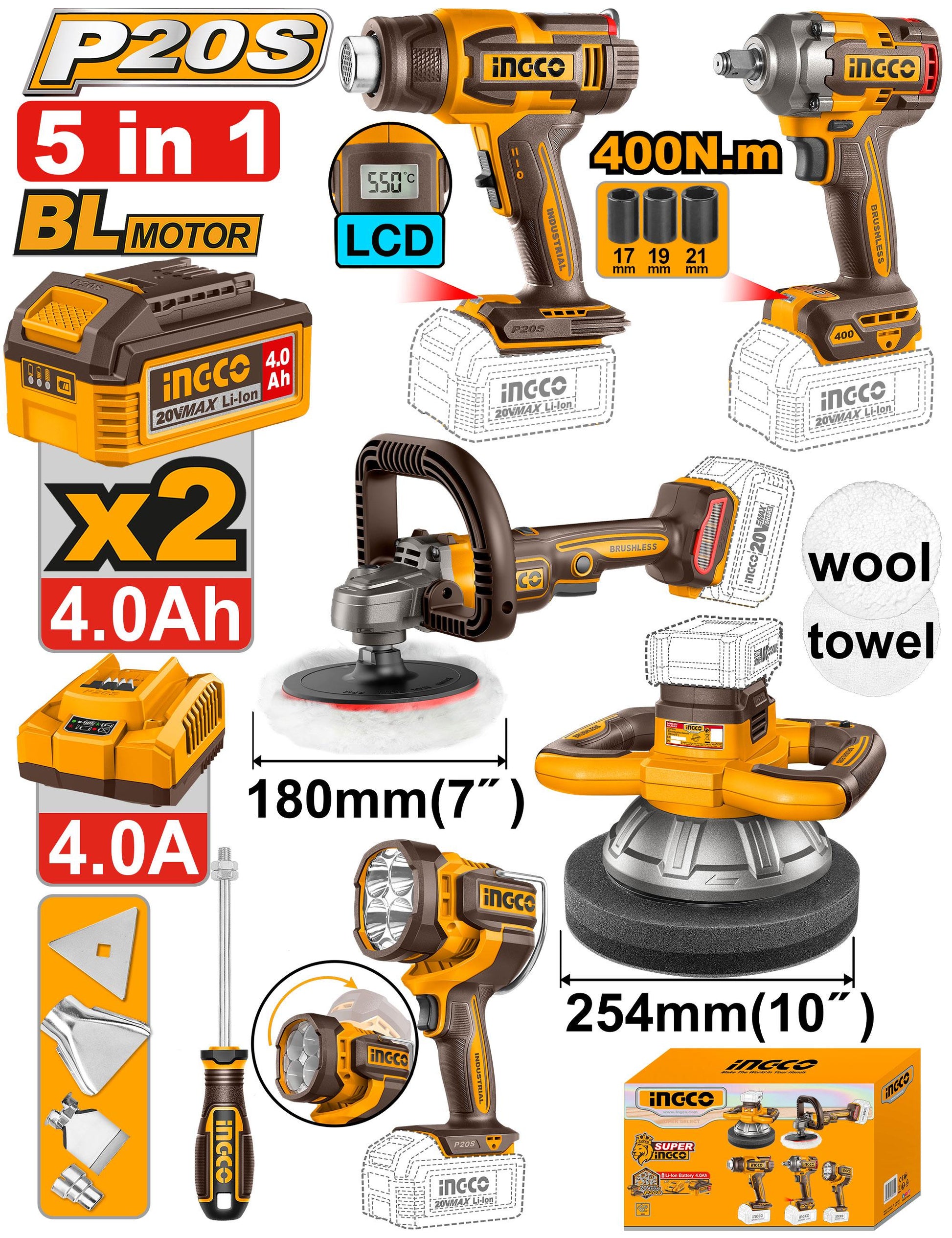 COSLI250592 - PACK COMBO POLISSAGE 180MM/254MM + DECAPEUR + BOULONNEUSE 20V INGCO Maroc